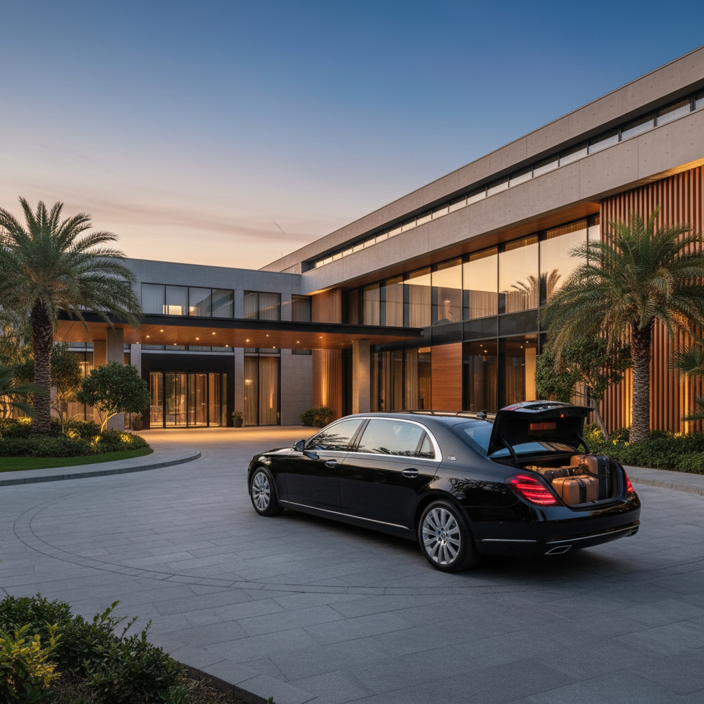 Private sedan at hotel driveway for airport transfer
