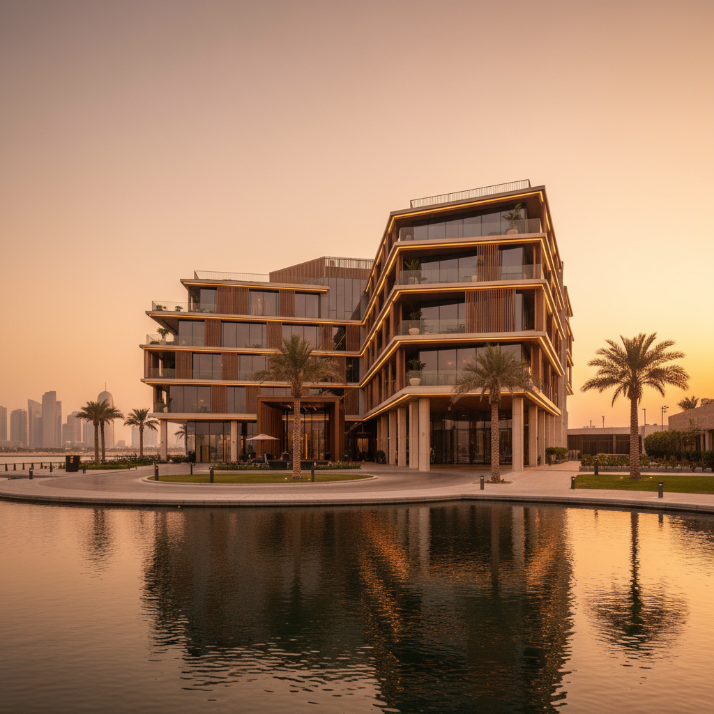 Boutique hotel facade near West Bay Lagoon at golden hour
