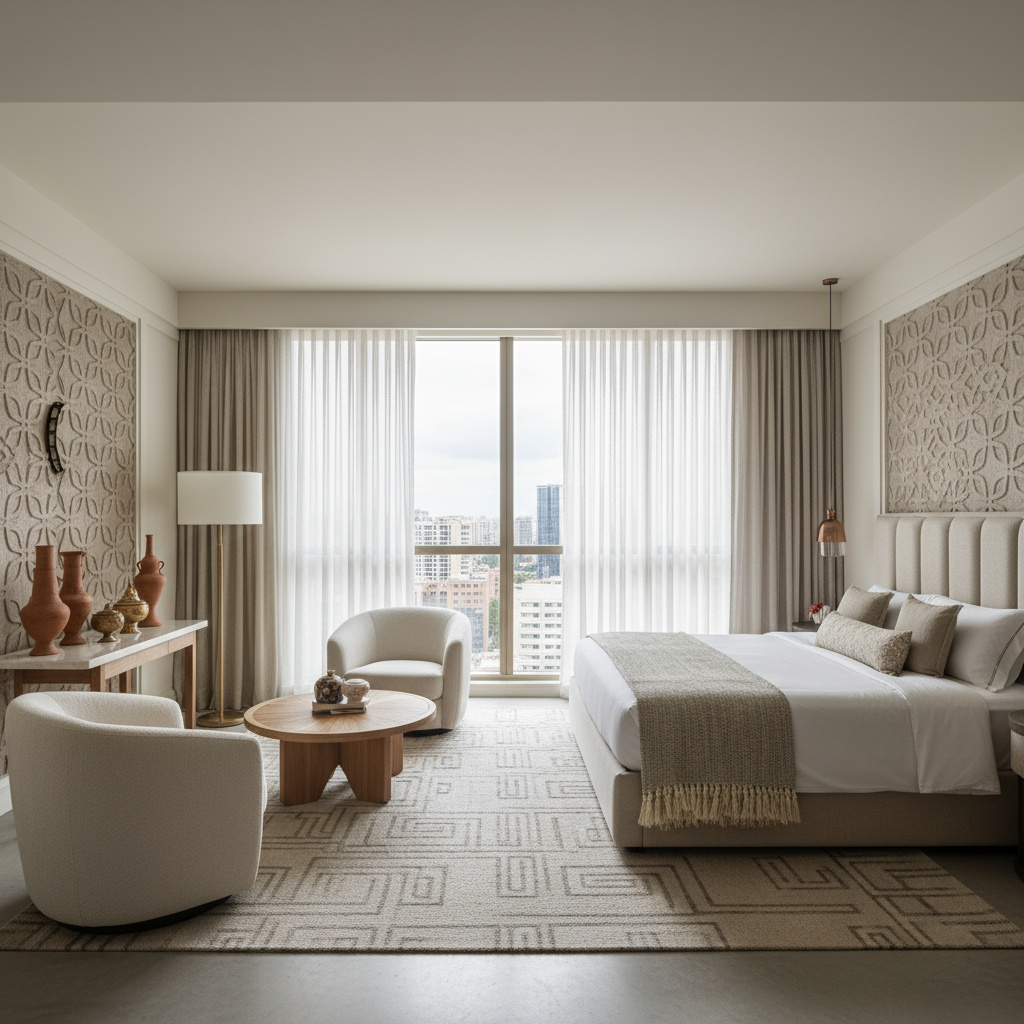 Spacious boutique suite interior with king bed and seating area